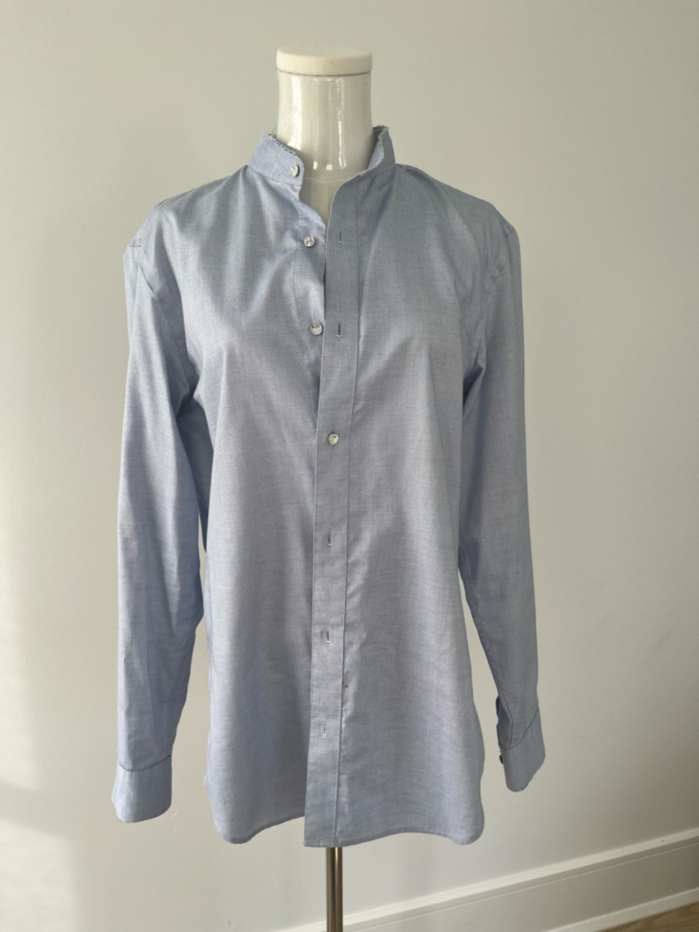 Women's Light Blue Grandad-Collar Button-Front Shirt